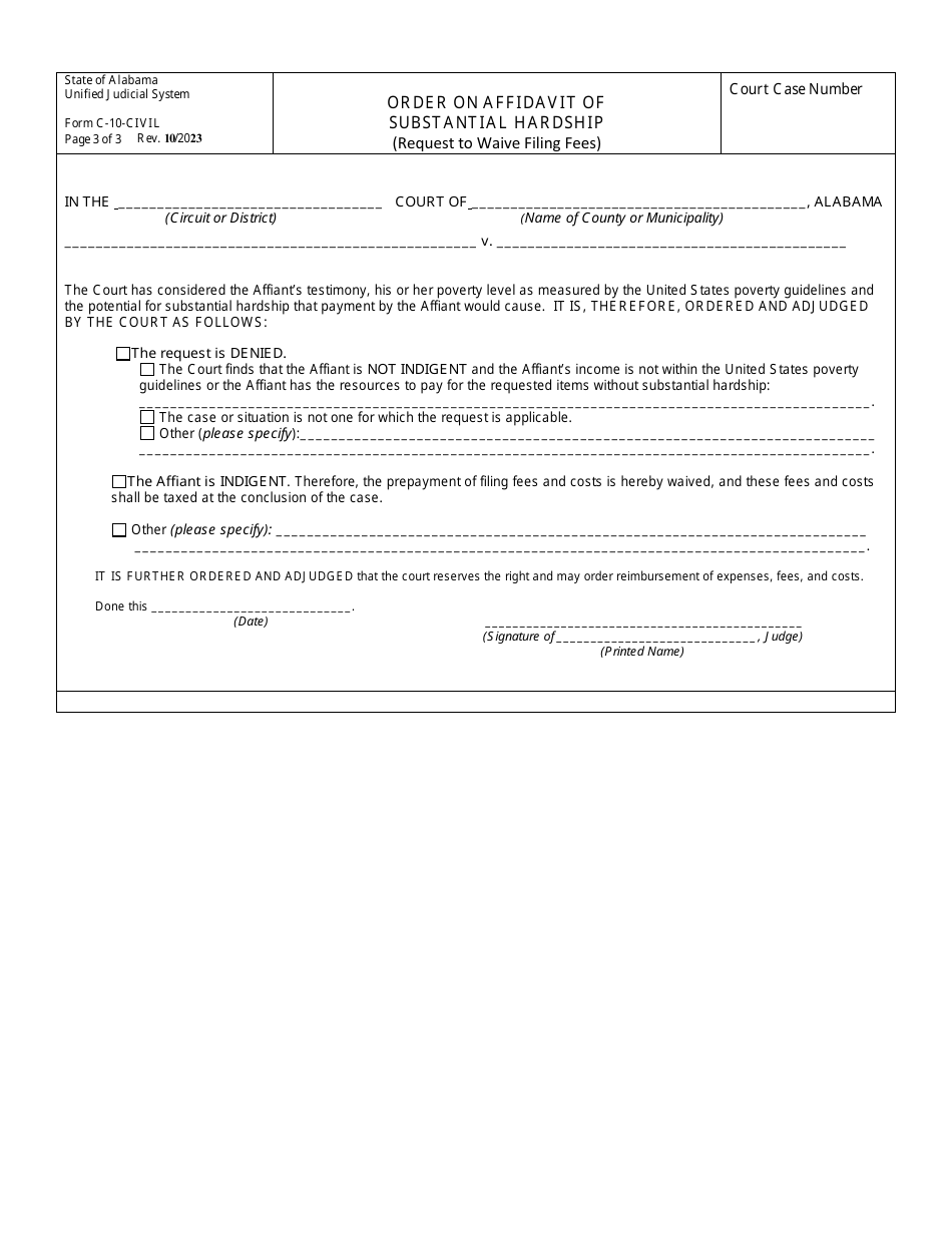 Form C 10 Civil Download Fillable Pdf Or Fill Online Affidavit Of Substantial Hardship And Order