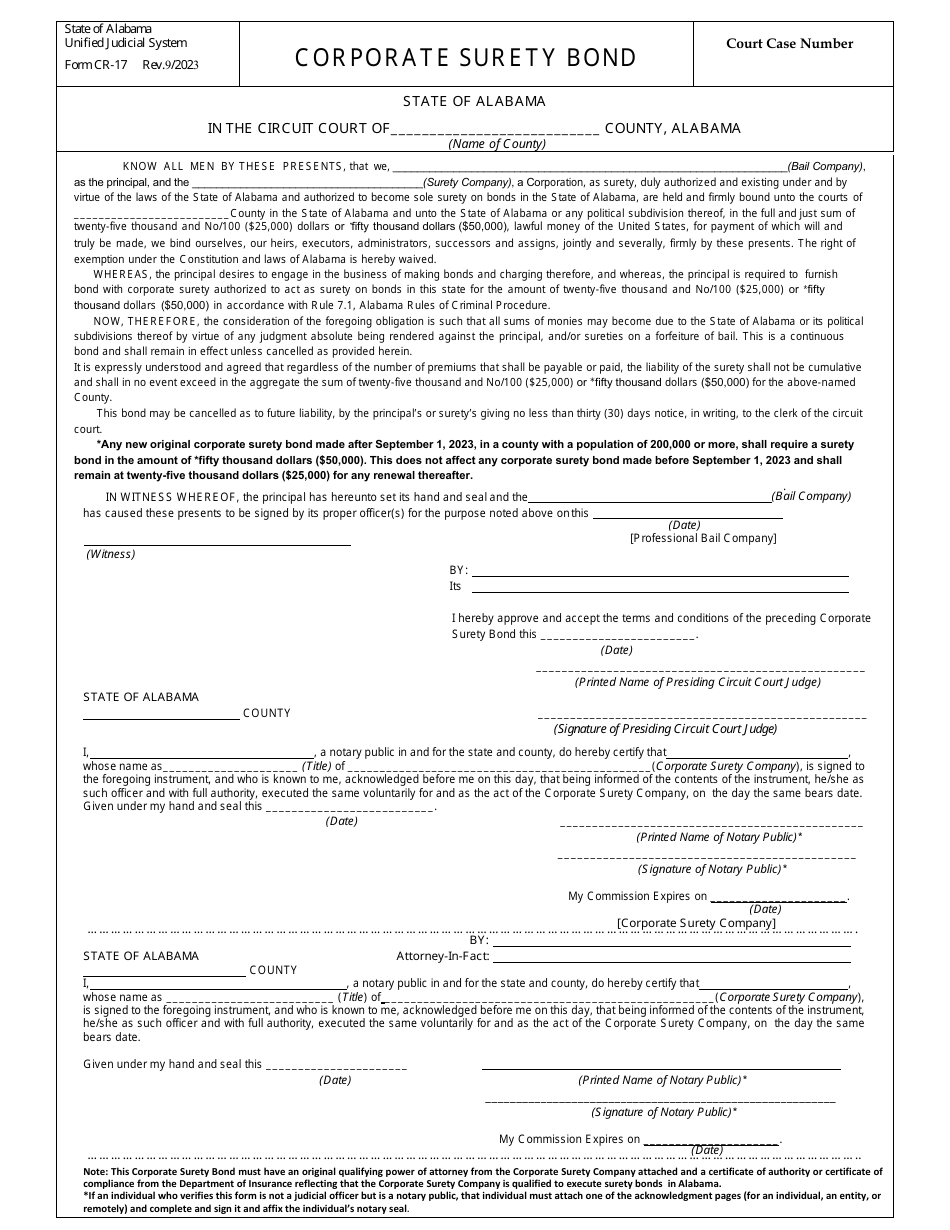 Form CR-17 Corporate Surety Bond - Alabama, Page 1