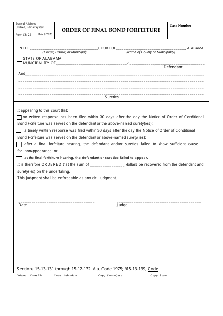 Form CR-22 Order of Final Bond Forfeiture - Alabama
