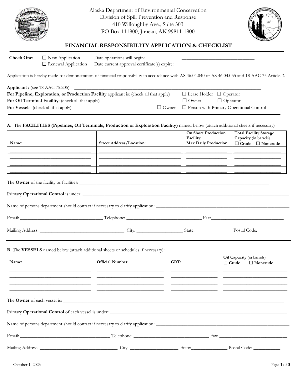Financial Responsibility Application  Checklist - Alaska, Page 1
