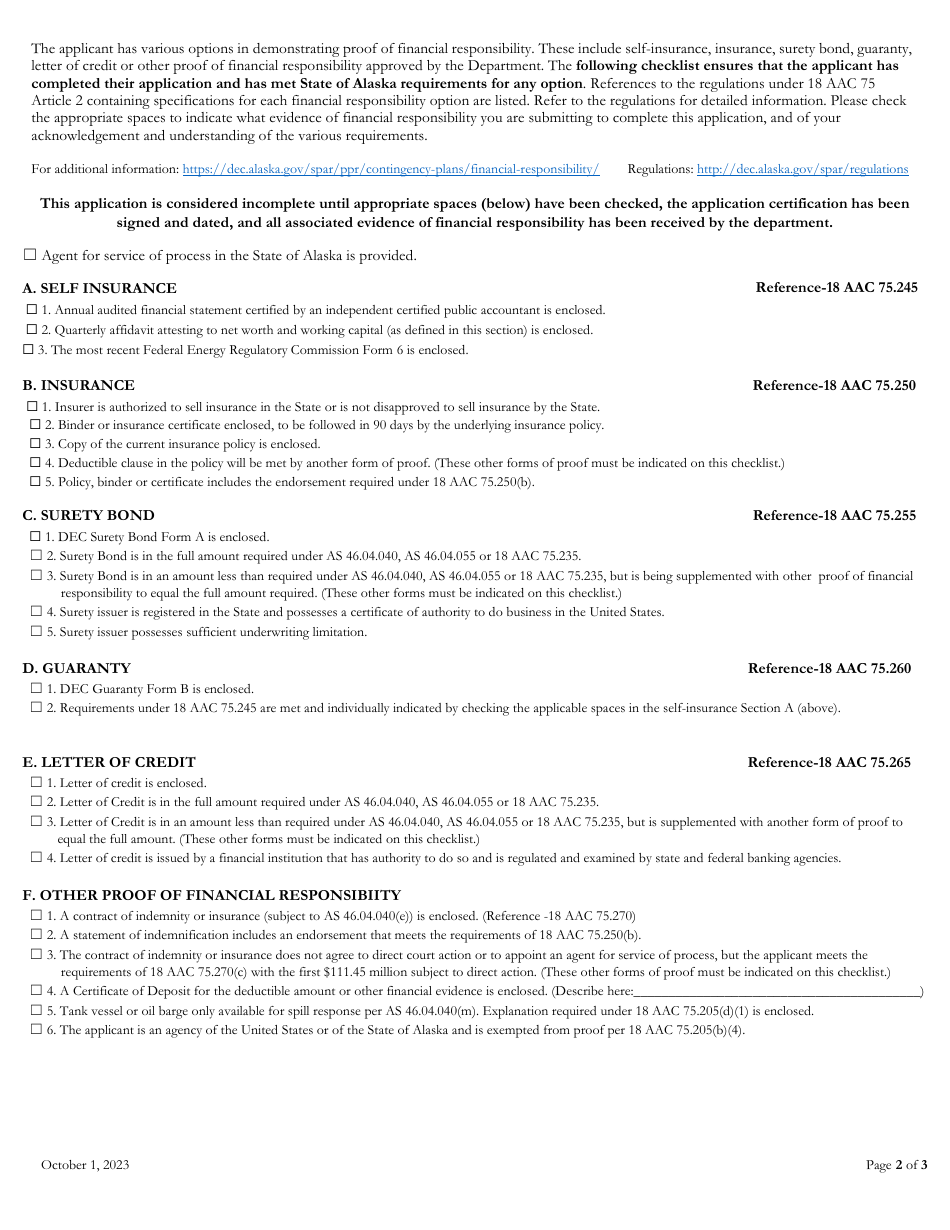 Financial Responsibility Application  Checklist - Alaska, Page 2