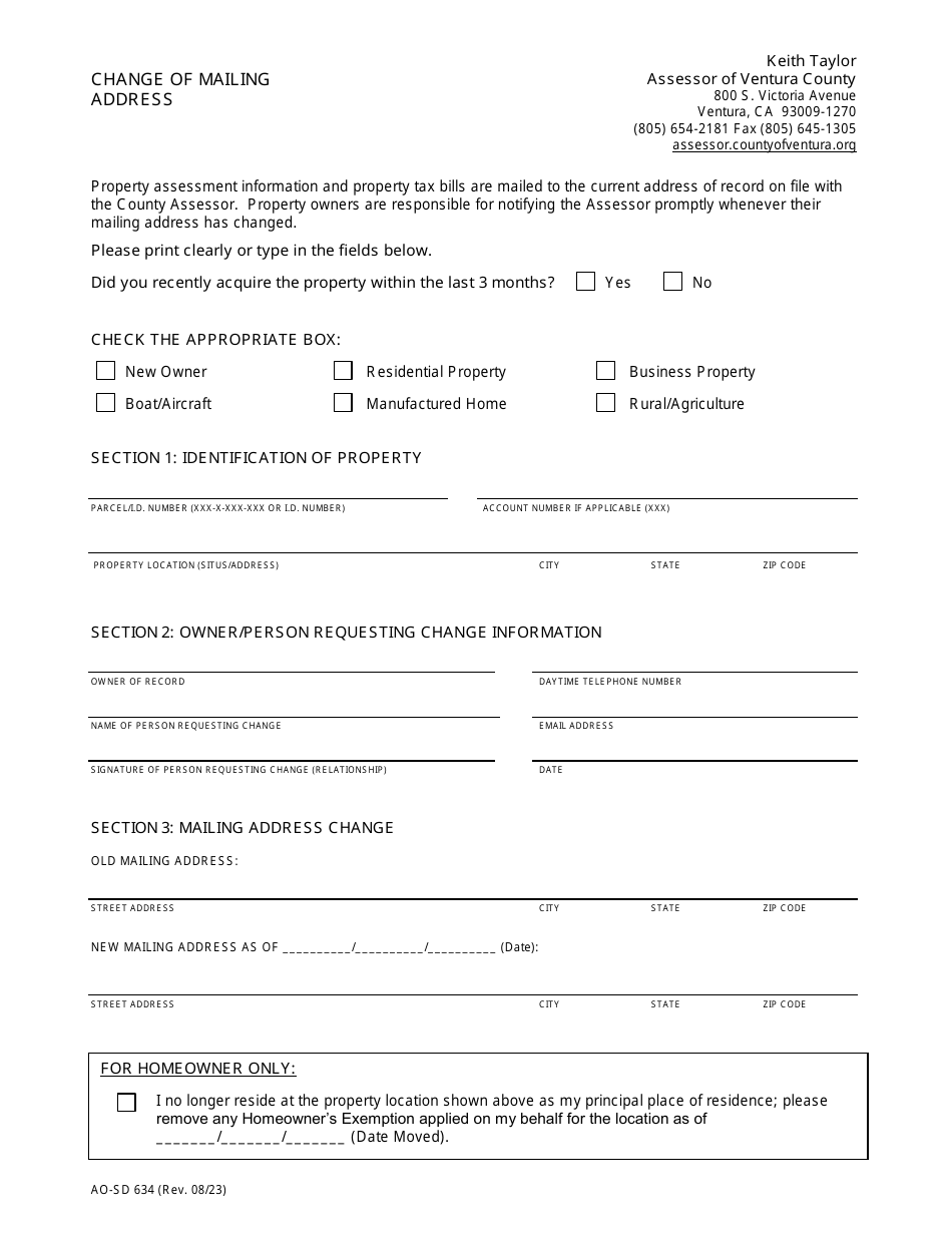 Form AO-SD634 Change of Mailing Address - Ventura County, California, Page 1