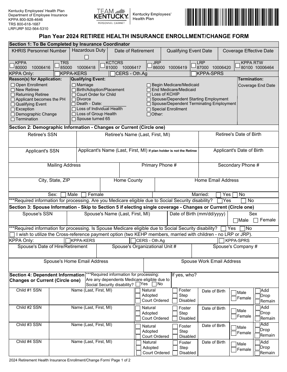 Form 6200 Retiree Health Insurance Enrollment / Change Form - Kentucky, Page 1