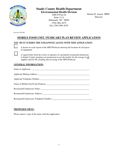 Mobile Food Unit / Pushcart Plan Review Application - Stanly County, North Carolina Download Pdf