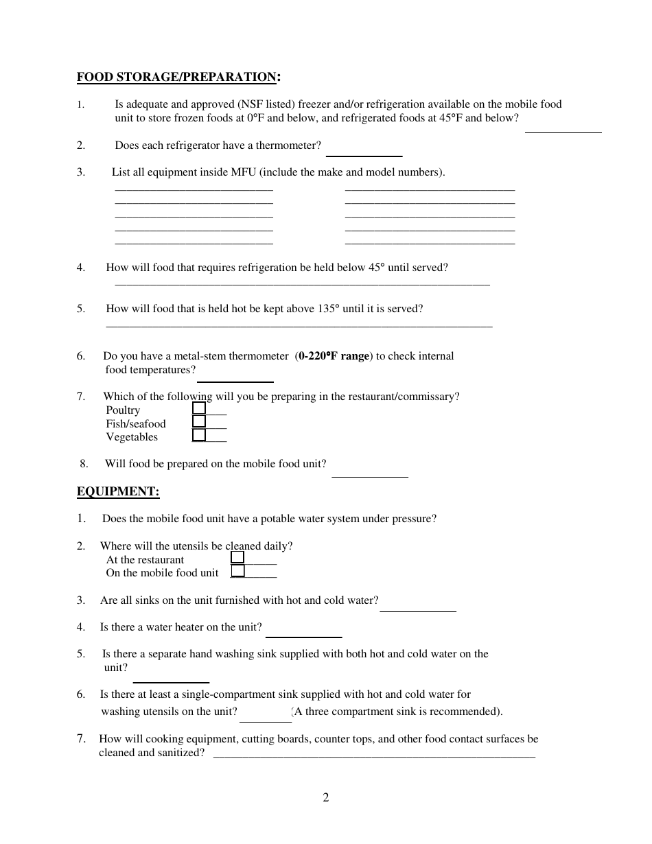 Mobile Food Unit / Pushcart Plan Review Application - Stanly County, North Carolina, Page 2