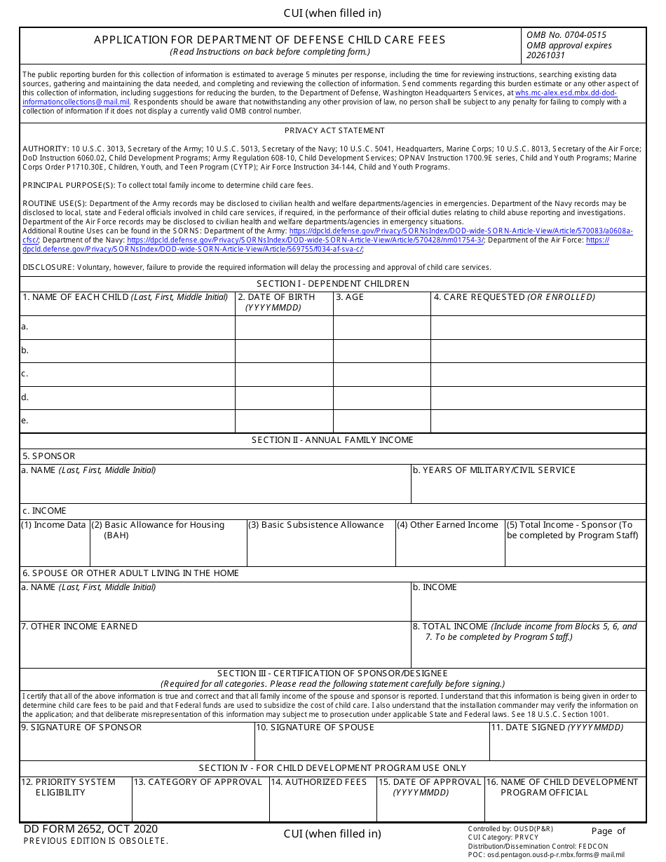 DD Form 2652 Application for Department of Defense Child Care Fees, Page 1