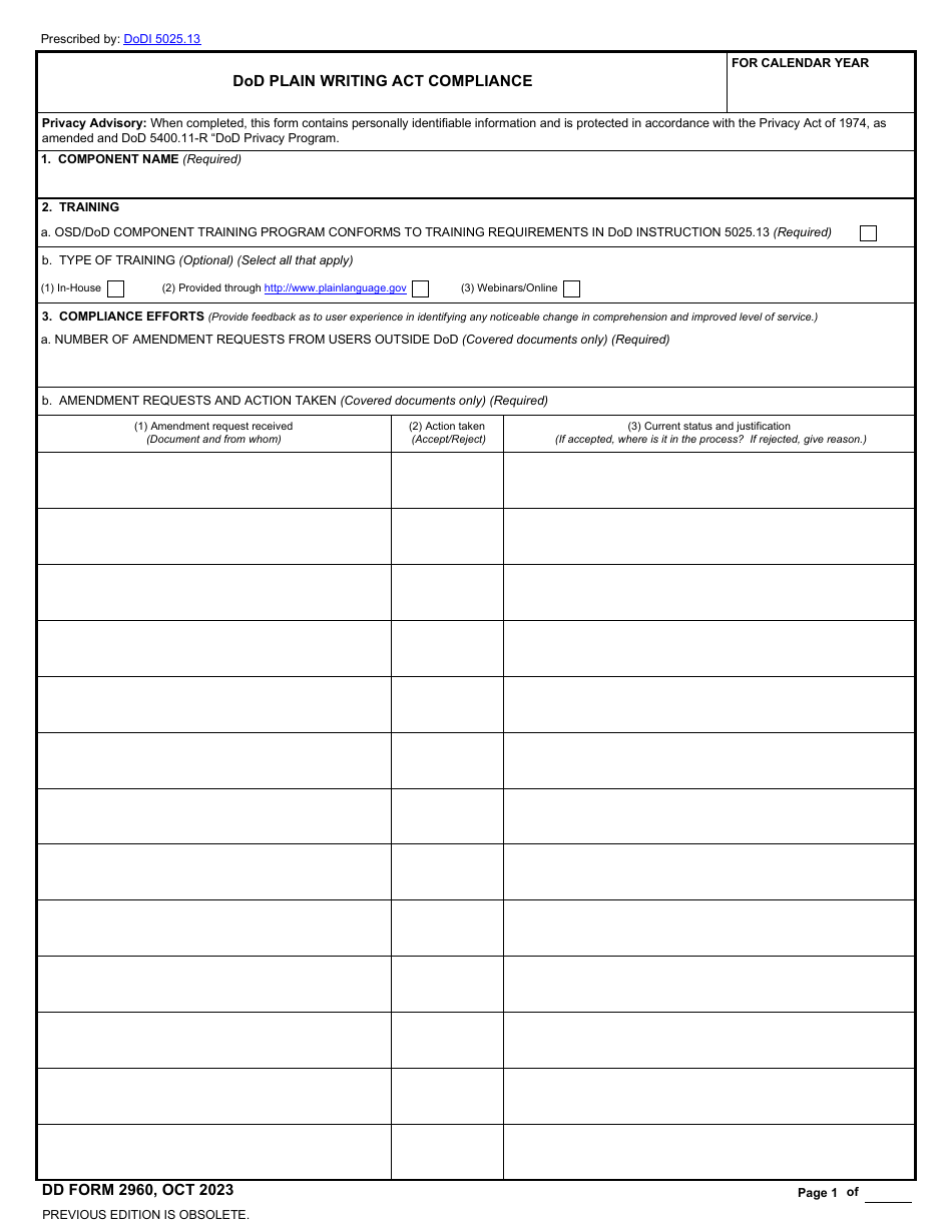 DD Form 2960 DoD Plain Writing Act Compliance, Page 1