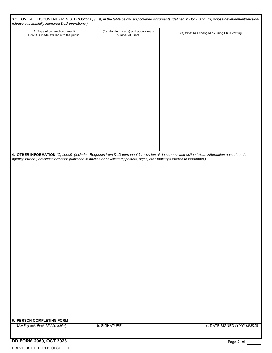 DD Form 2960 DoD Plain Writing Act Compliance, Page 2