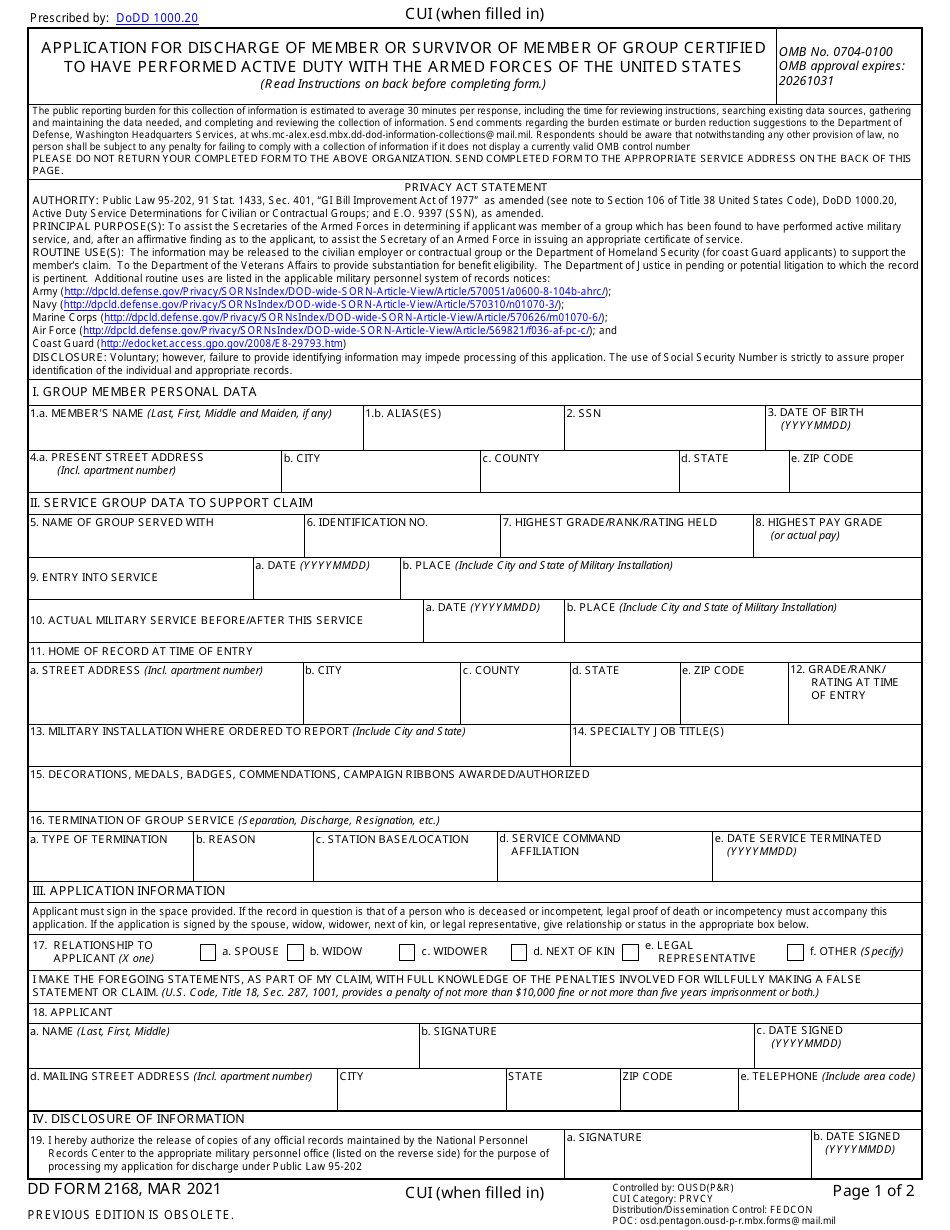 DD Form 2168 Application for Discharge of Member or Survivor of Member of Group Certified to Have Performed Active Duty With the Armed Forces of the United States, Page 1