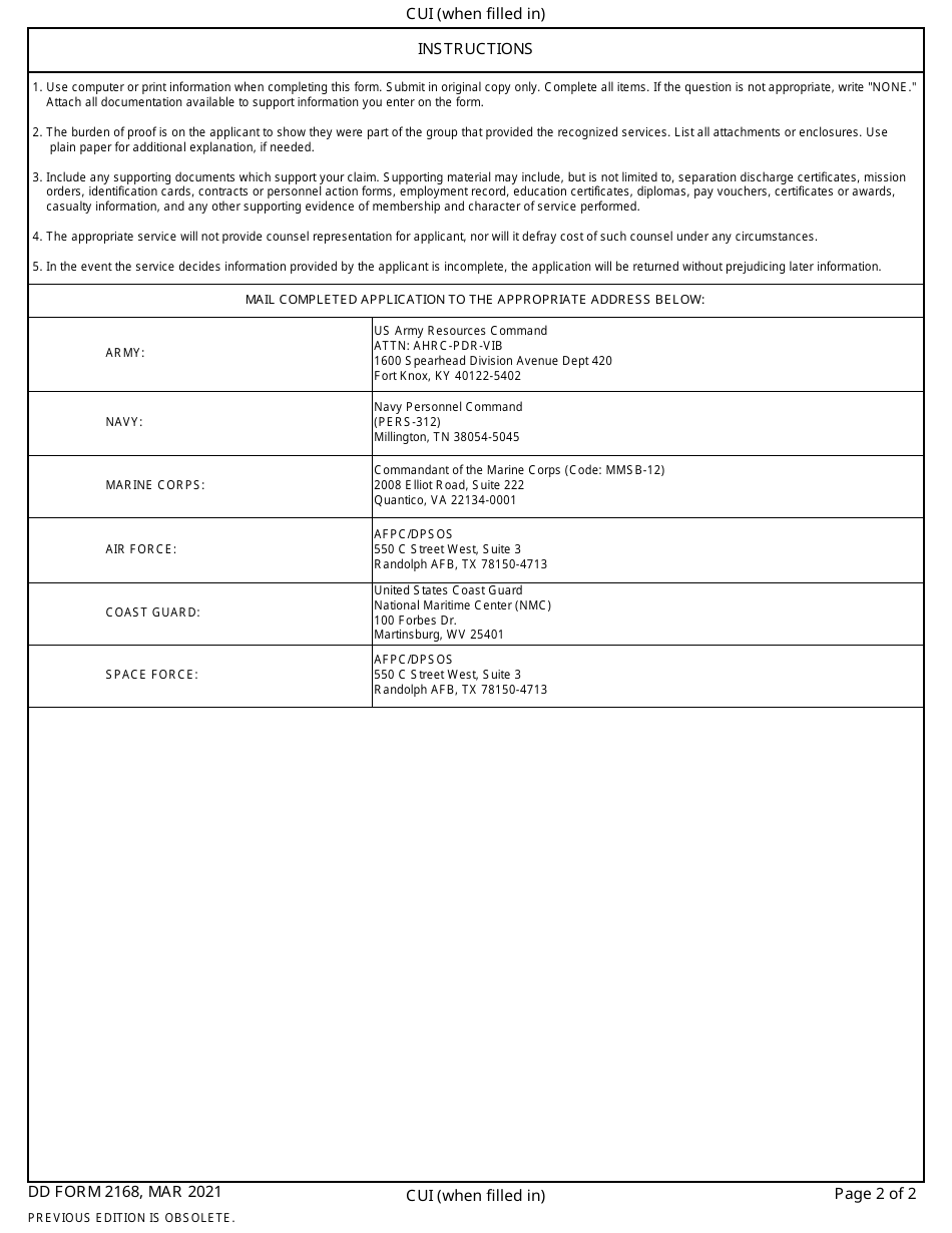 DD Form 2168 Application for Discharge of Member or Survivor of Member of Group Certified to Have Performed Active Duty With the Armed Forces of the United States, Page 2