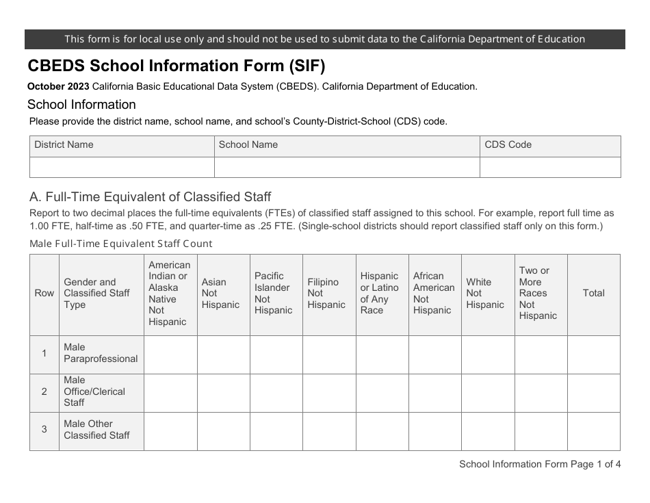 Cbeds School Information Form (Sif) - California, Page 1