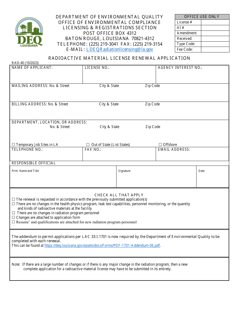 Form RAD-40 Radioactive Material License Renewal Application - Louisiana, Page 1