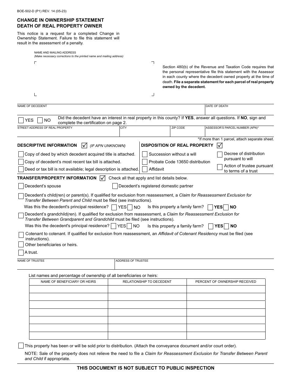 Form BOE502D Download Fillable PDF or Fill Online Change in Ownership