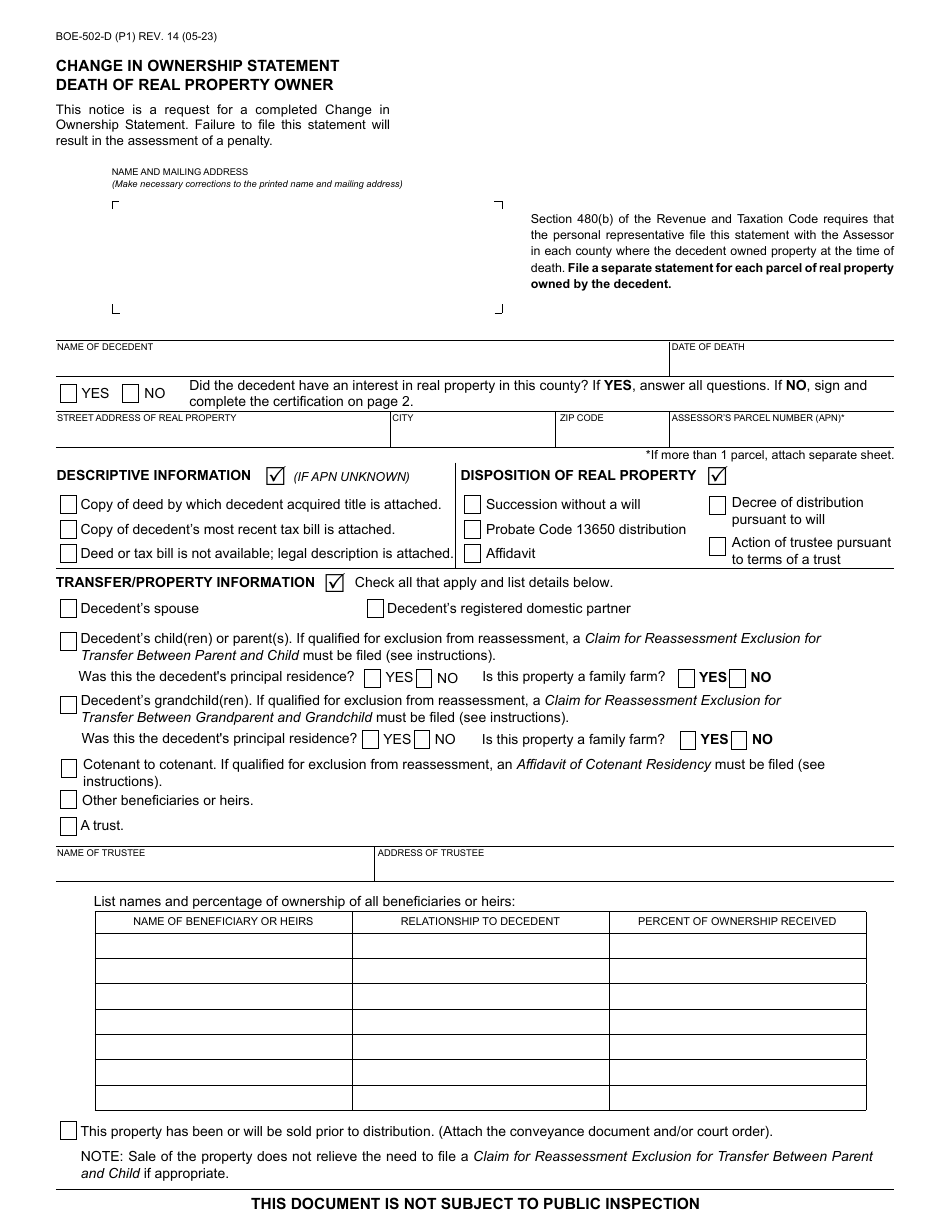 Form BOE-502-D Change in Ownership Statement Death of Real Property Owner - California, Page 1