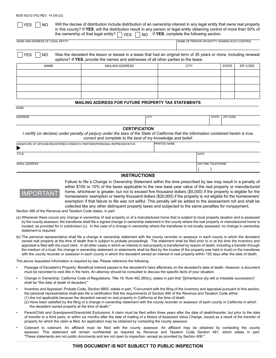 Form BOE-502-D Download Fillable PDF or Fill Online Change in Ownership ...