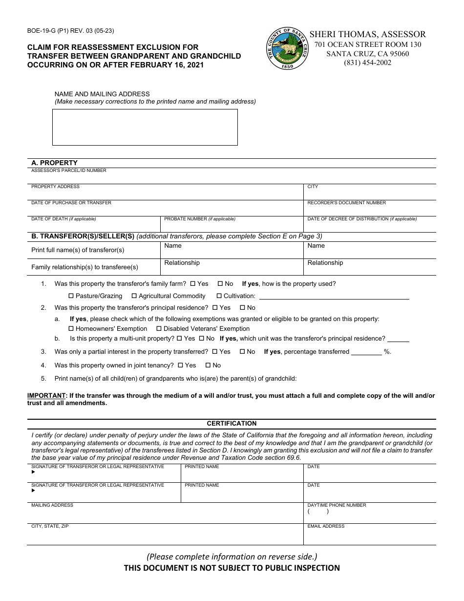 Form BOE-19-G Claim for Reassessment Exclusion for Transfer Between Grandparent and Grandchild Occurring on or After February 16, 2021 - Santa Cruz County, California, Page 1