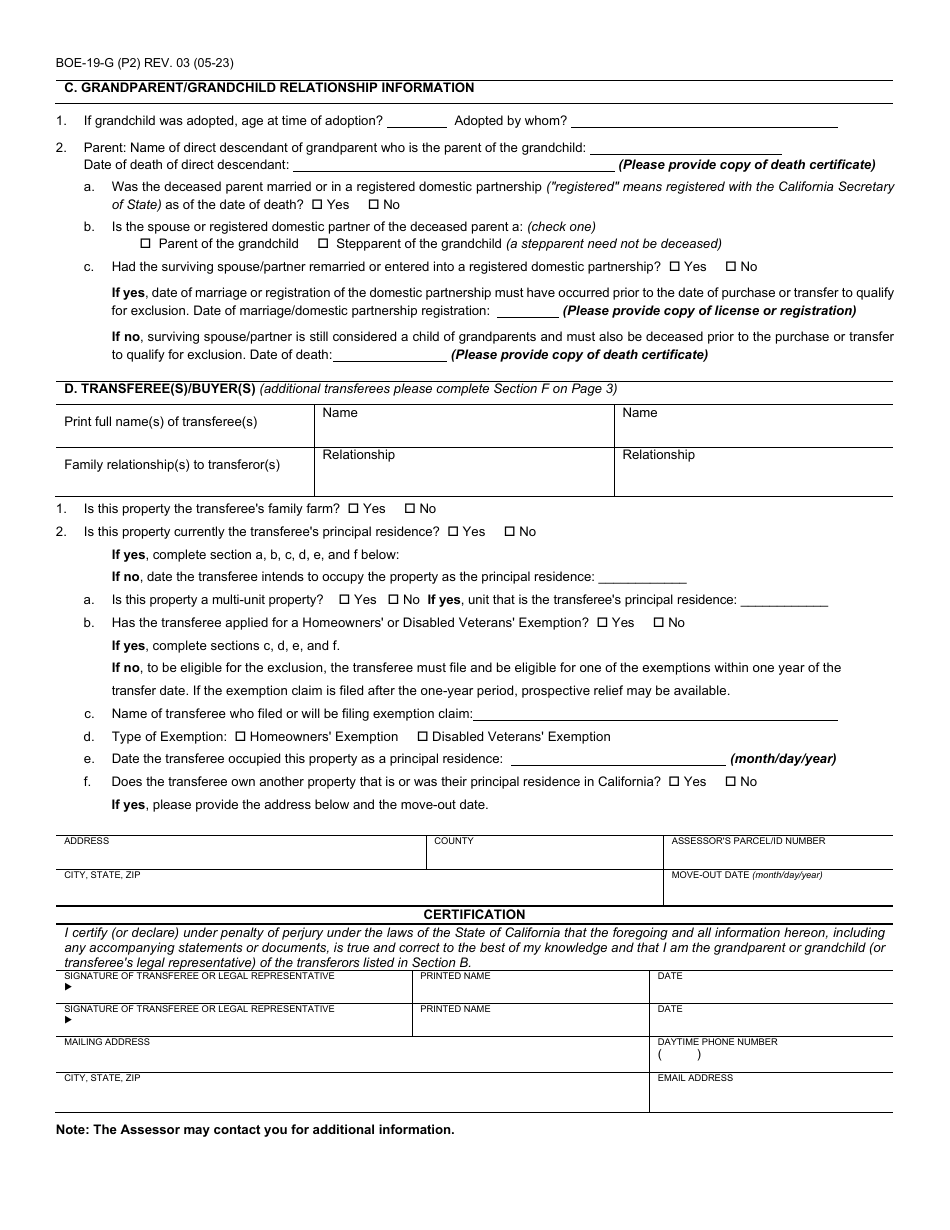 Form BOE-19-G Claim for Reassessment Exclusion for Transfer Between Grandparent and Grandchild Occurring on or After February 16, 2021 - Santa Cruz County, California, Page 2