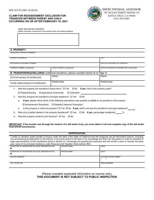 Form BOE-19-P Claim for Reassessment Exclusion for Transfer Between Parent and Child Occurring on or After February 16, 2021 - Santa Cruz County, California