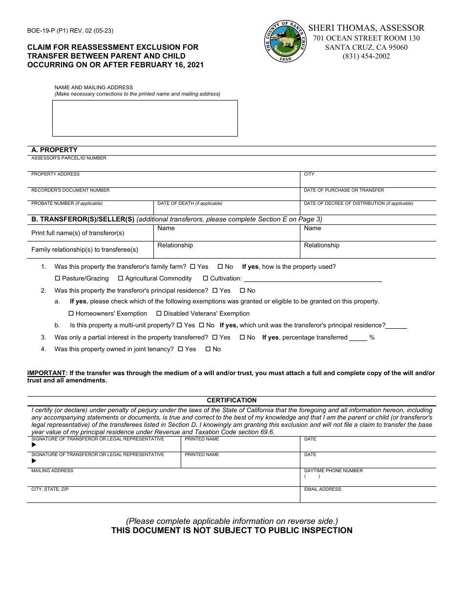 Form BOE-19-P Claim for Reassessment Exclusion for Transfer Between Parent and Child Occurring on or After February 16, 2021 - Santa Cruz County, California, Page 1