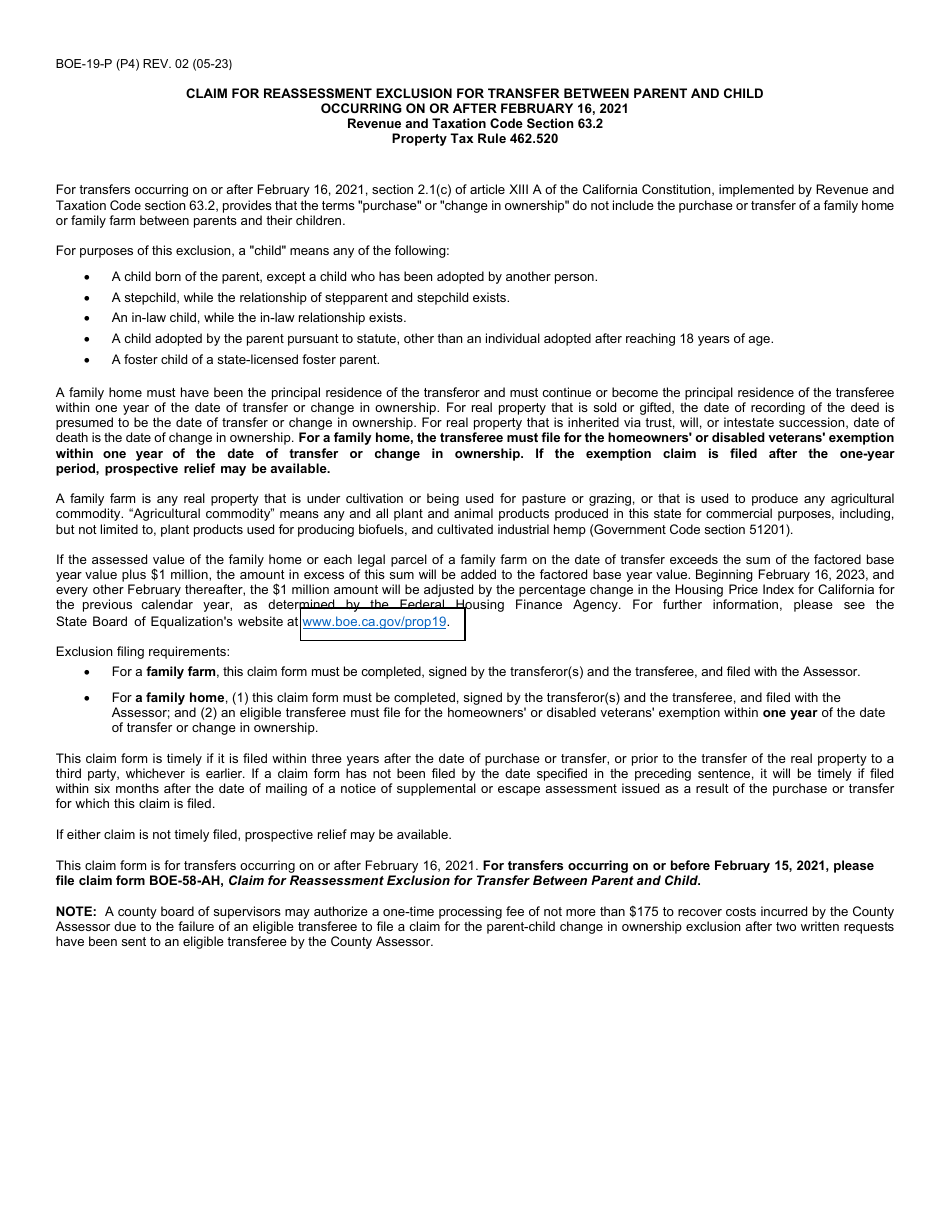 Form BOE-19-P Claim for Reassessment Exclusion for Transfer Between Parent and Child Occurring on or After February 16, 2021 - Santa Cruz County, California, Page 4