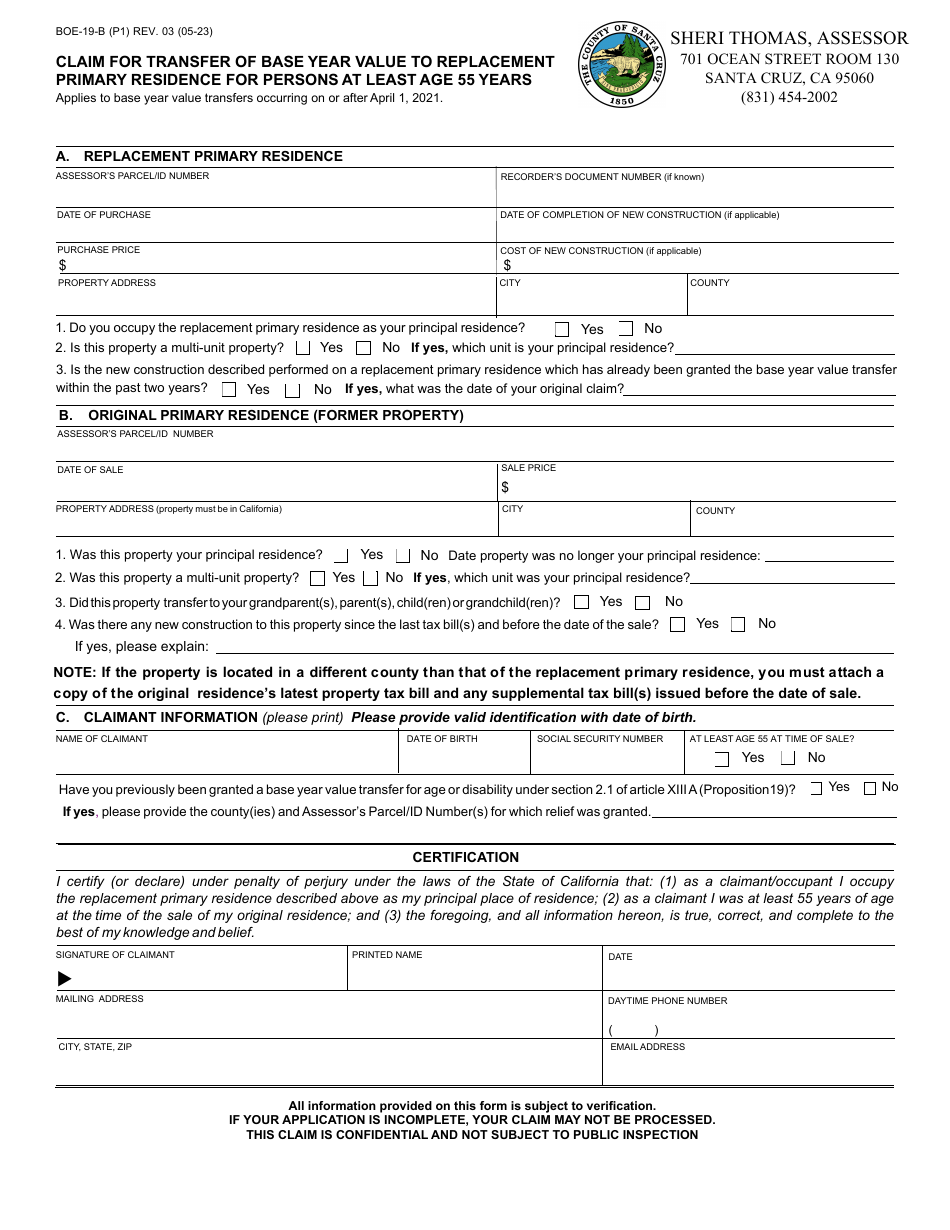 Form BOE 19 B Download Fillable PDF or Fill Online Claim for