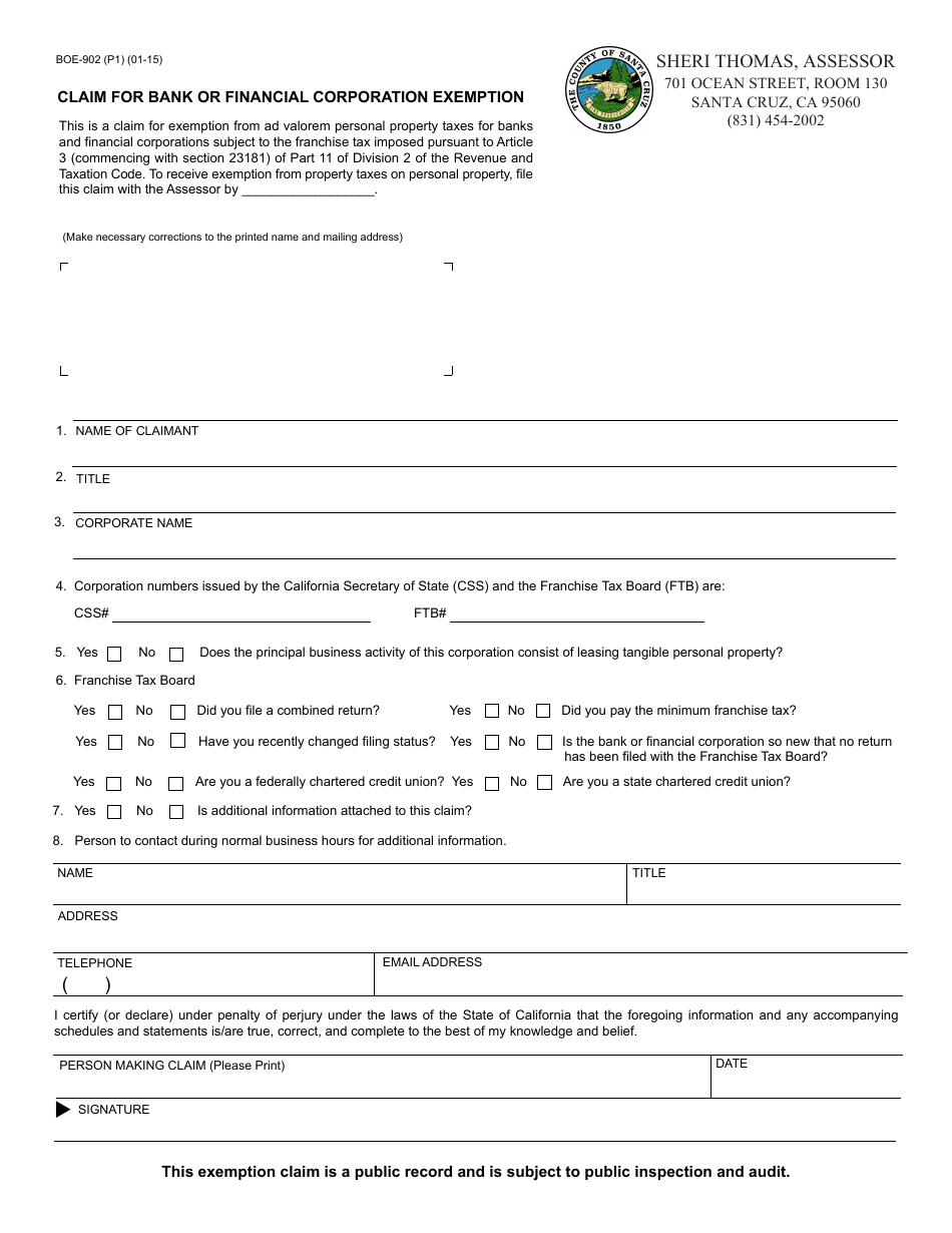 Form BOE-902 Claim for Bank or Financial Corporation Exemption - Santa Cruz County, California, Page 1