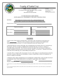 Document preview: Claim for Exclusion From Supplemental Assessment for New Construction - Santa Cruz County, California