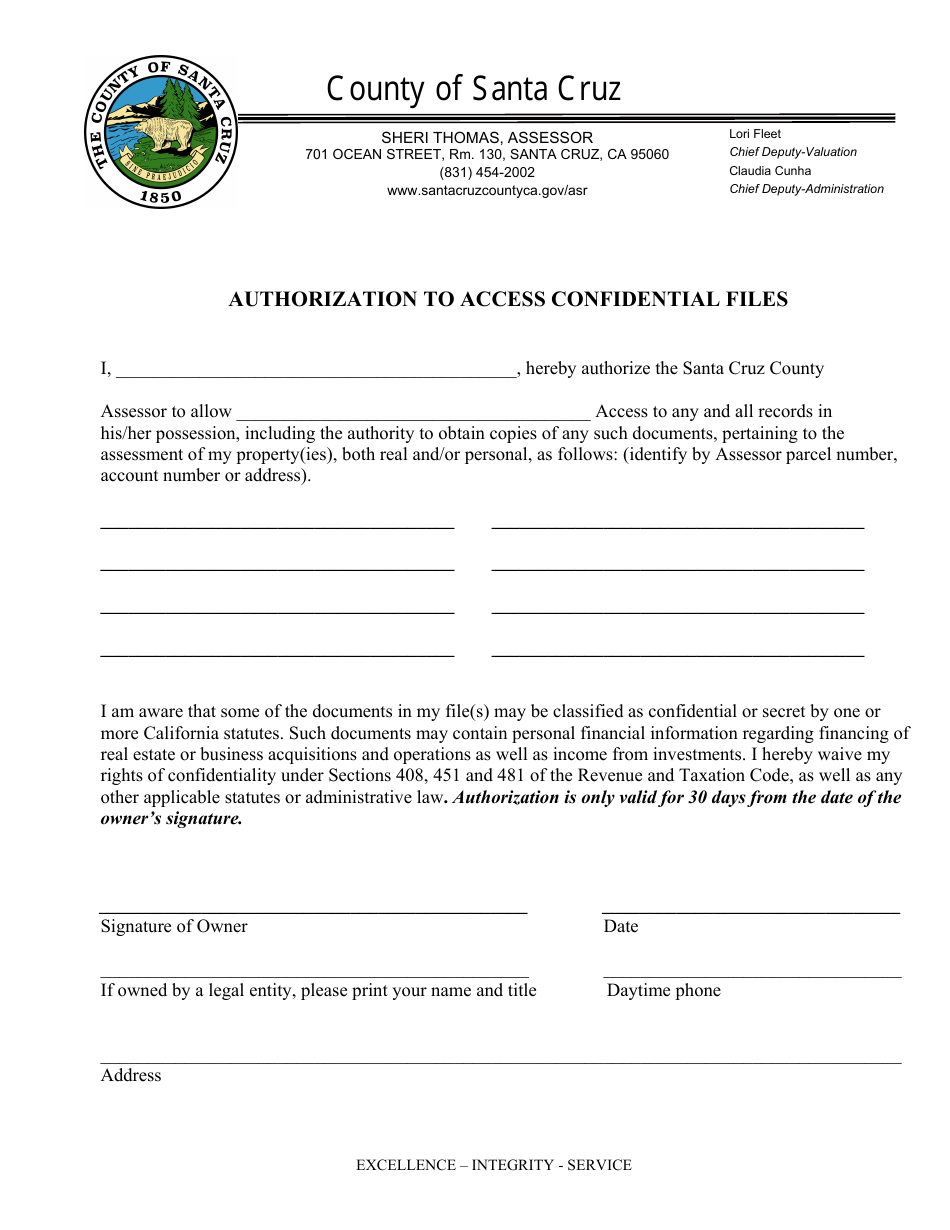 Authorization to Access Confidential Files - Santa Cruz County, California, Page 1