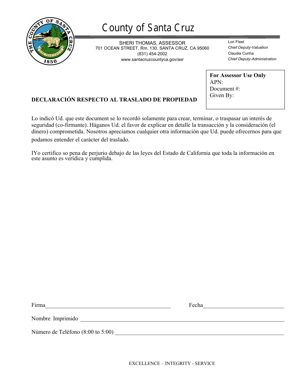 Declaracion Respecto Al Traslado De Propiedad - Santa Cruz County, California (Spanish), Page 1