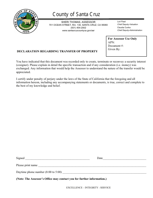 Declaration Regarding Transfer of Property - Santa Cruz County, California Download Pdf