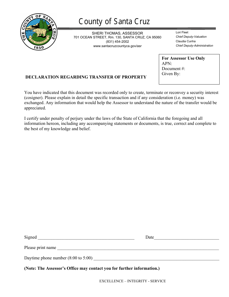 Declaration Regarding Transfer of Property - Santa Cruz County, California, Page 1