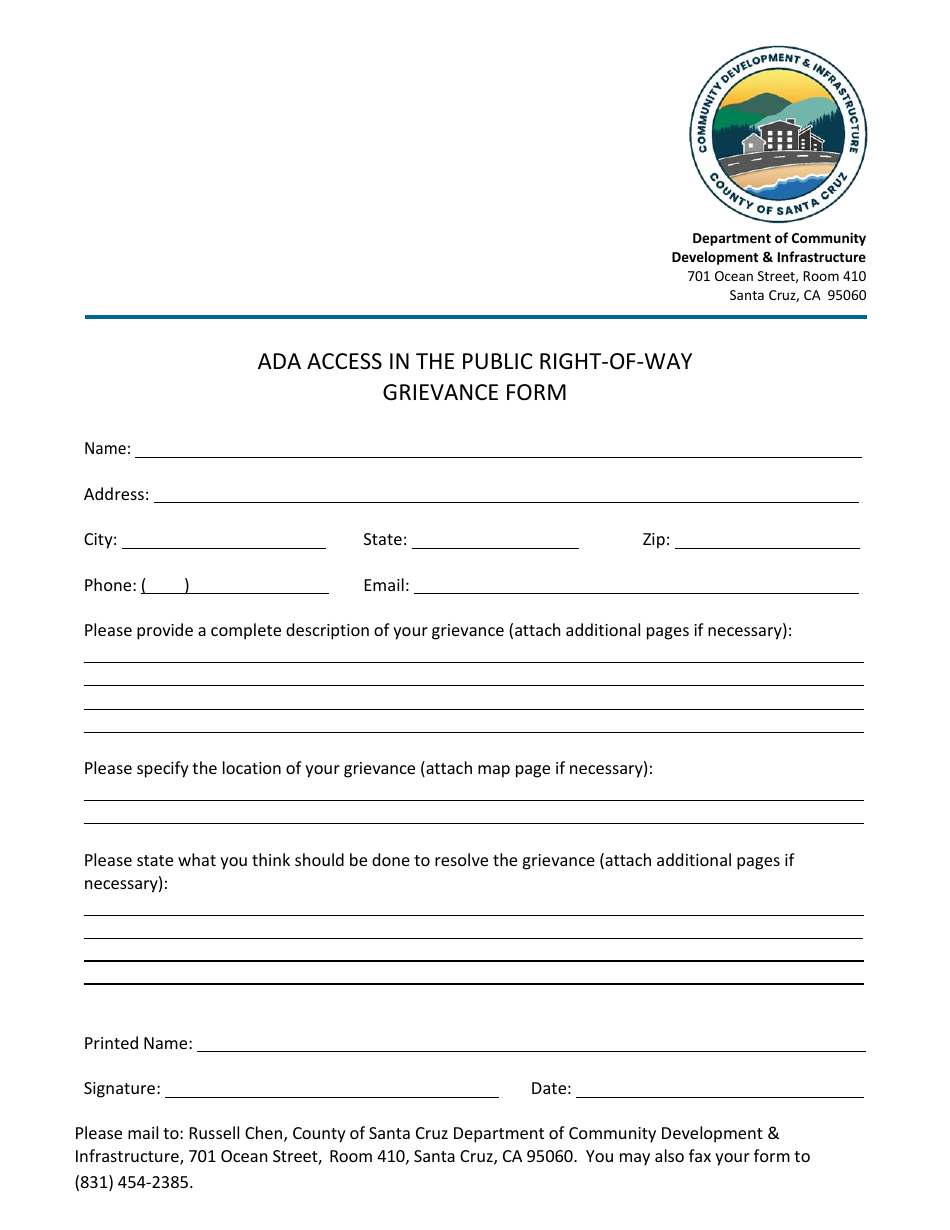 Ada Access in the Public Right-Of-Way Grievance Form - County of Santa Cruz, California, Page 3