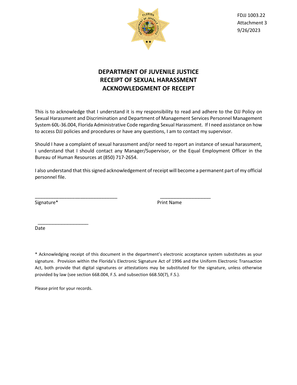 Florida Acknowledgment Of Receipt Receipt Of Sexual Harassment Fill Out Sign Online And 7210