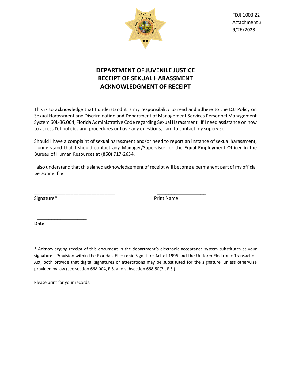 Attachment 3 Acknowledgment of Receipt - Receipt of Sexual Harassment - Florida, Page 1