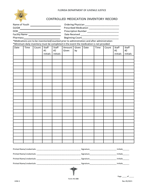 Form HS-008 Controlled Medication Inventory Record - Florida