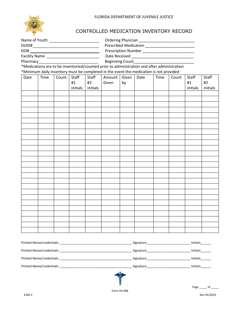 Form HS-008 Controlled Medication Inventory Record - Florida, Page 1