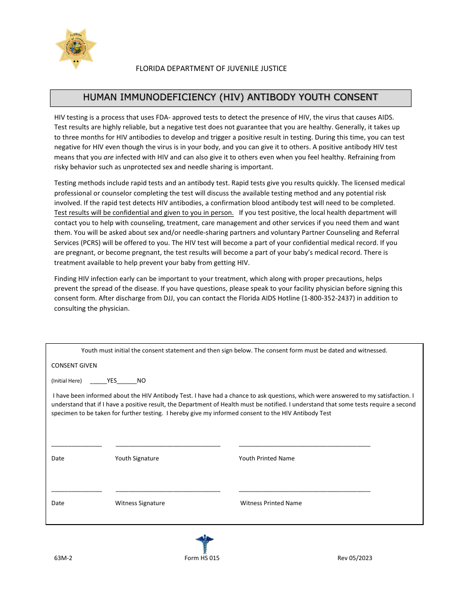 Form HS015 Human Immunodeficiency (HIV) Antibody Youth Consent - Florida, Page 1