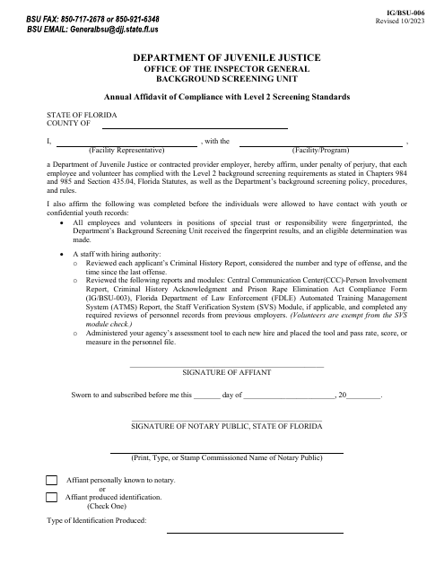 Form IG/BSU-006 Annual Affidavit of Compliance With Level 2 Screening Standards - Florida