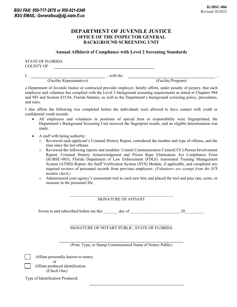 Form IG / BSU-006 Annual Affidavit of Compliance With Level 2 Screening Standards - Florida, Page 1