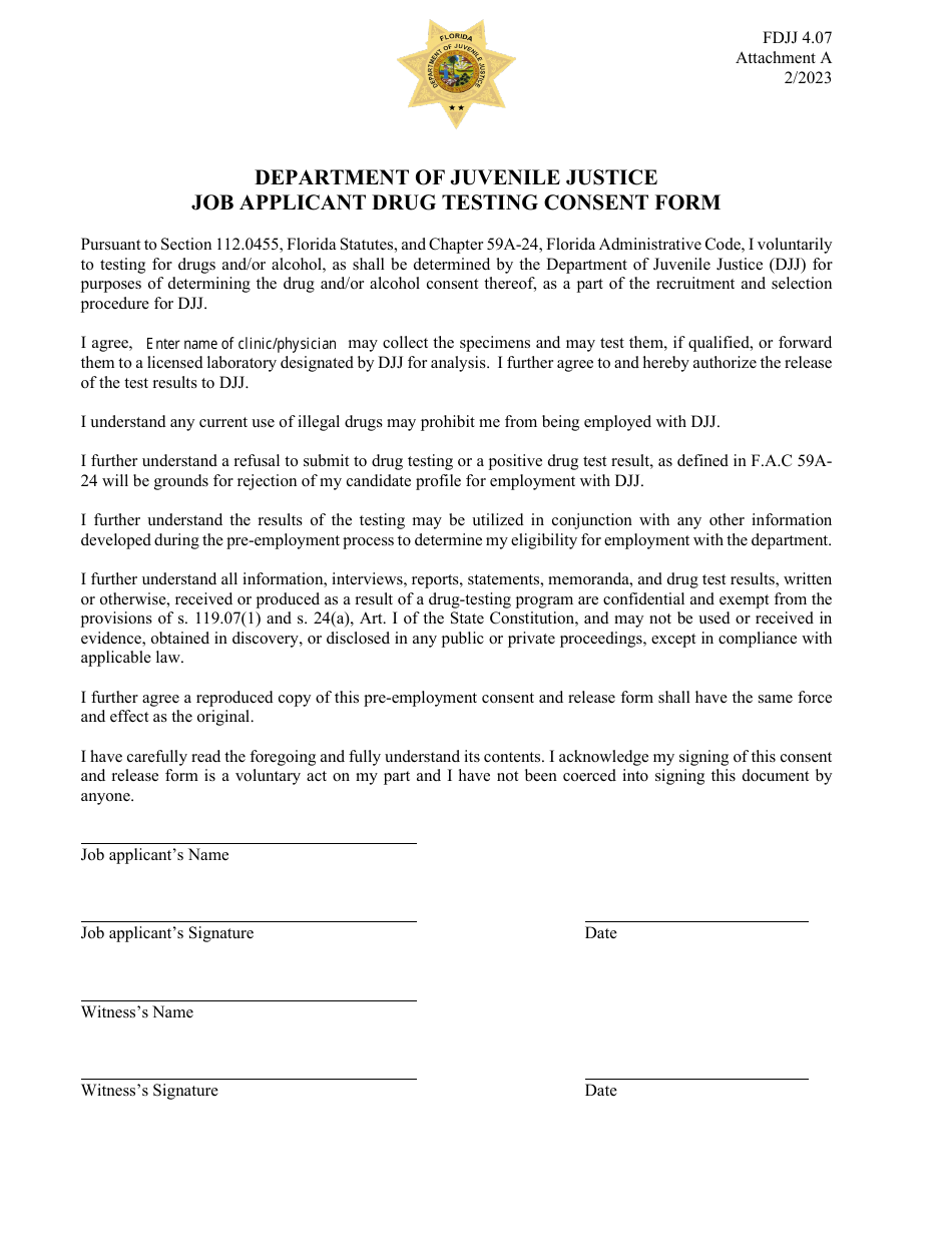 Attachment A Job Applicant Drug Testing Consent Form - Florida, Page 1