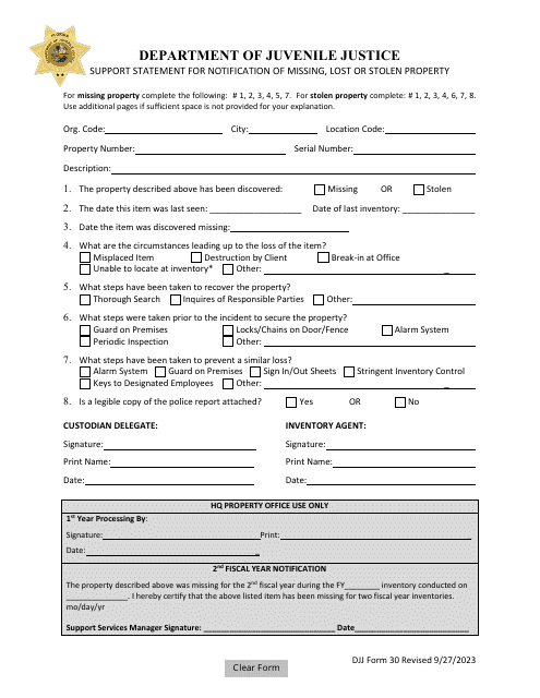 DJJ Form 30 Support Statement for Notification of Missing, Lost or Stolen Property - Florida