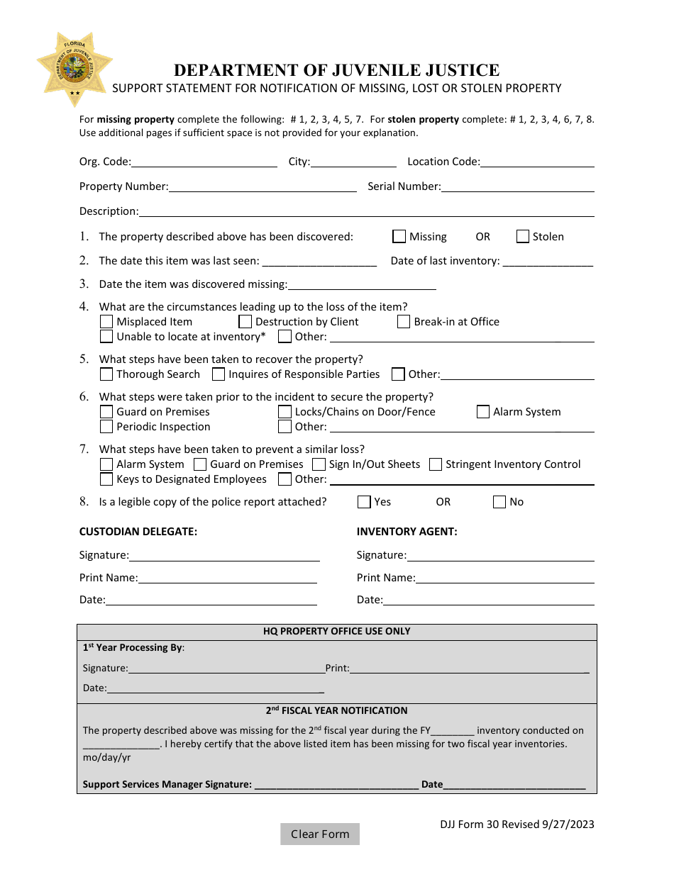 DJJ Form 30 - Fill Out, Sign Online and Download Fillable PDF, Florida ...