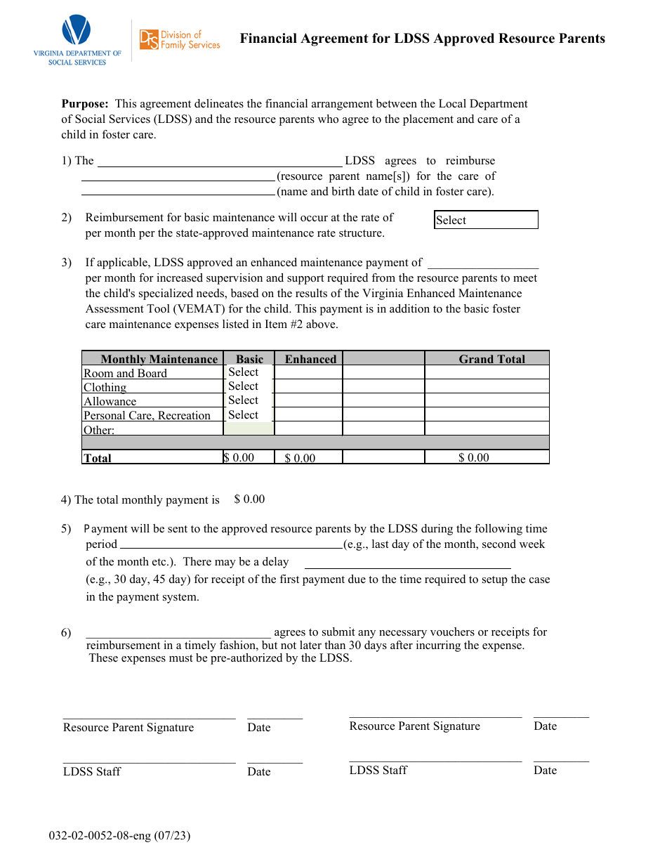 Form 032-02-0052-08-ENG Financial Agreement for Ldss Approved Resource Parents - Virginia, Page 1