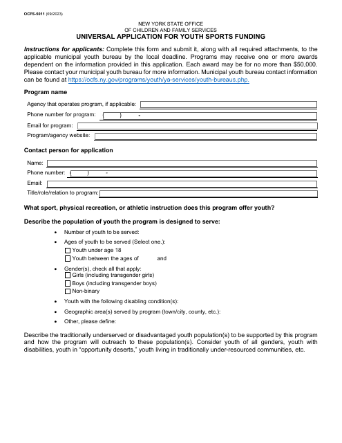 Form OCFS-5011 Universal Application for Youth Sports Funding - New York