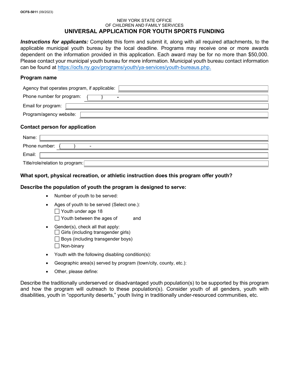 Form OCFS-5011 Universal Application for Youth Sports Funding - New York, Page 1