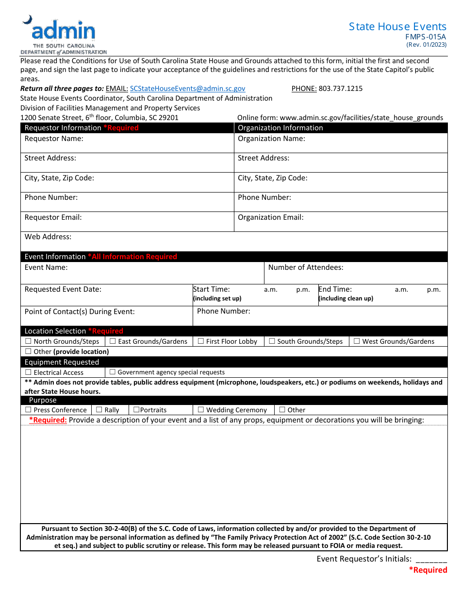 Form FMPS-015A State House Events - South Carolina, Page 1