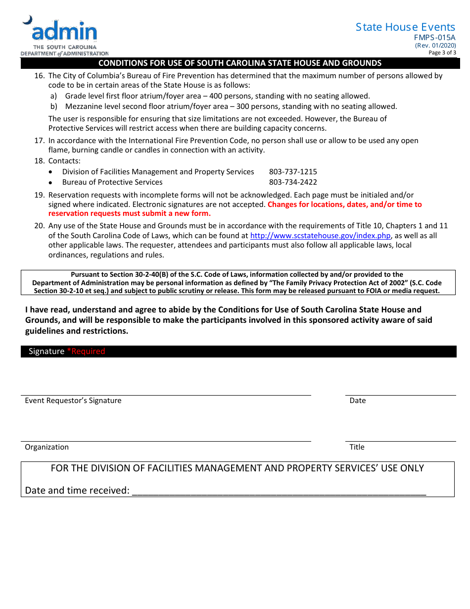 Form FMPS-015A State House Events - South Carolina, Page 3