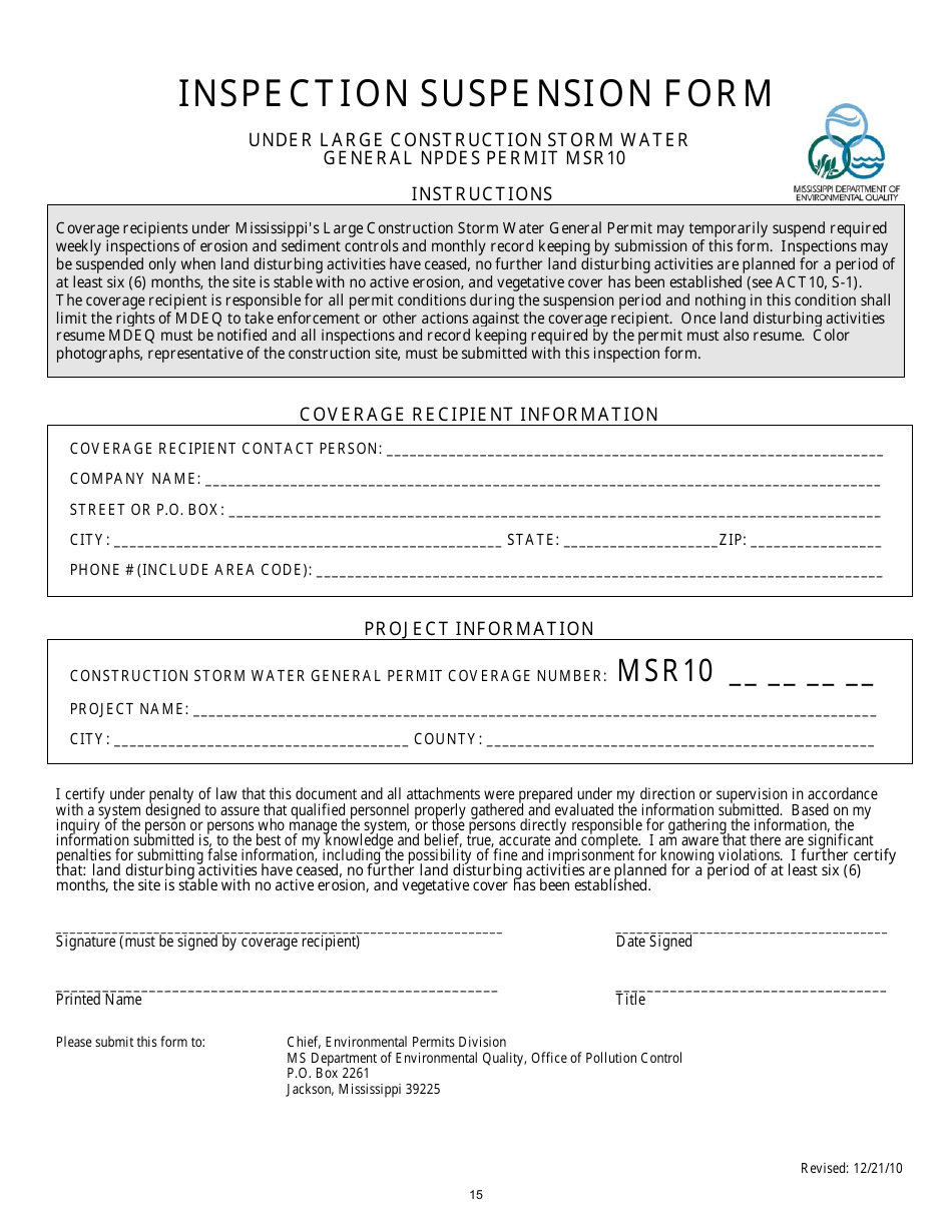 Inspection Suspension Form - Under Large Construction Storm Water General Npdes Permit Msr10 - Mississippi, Page 1