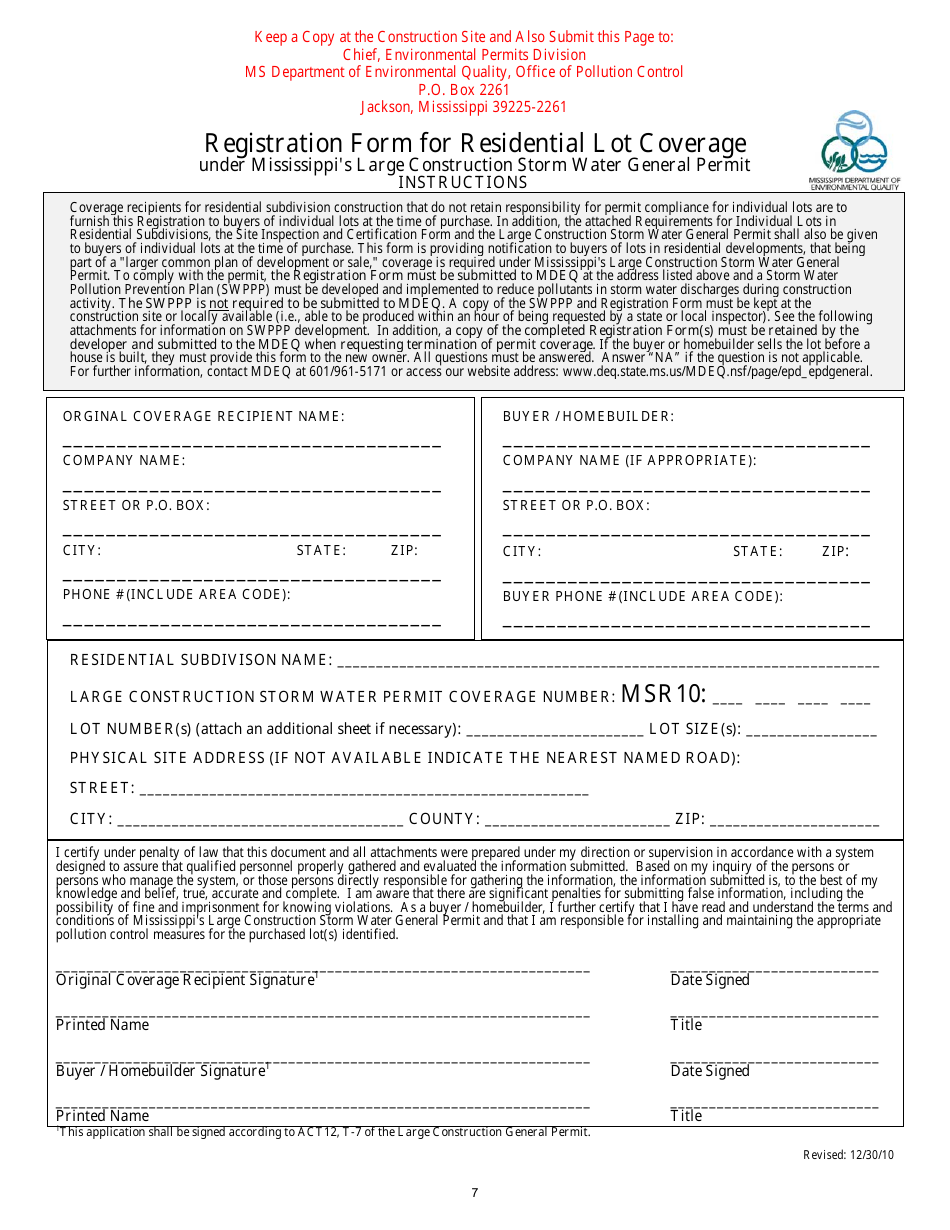 Registration Form for Residential Lot Coverage Under Mississippis Large Construction Storm Water General Permit - Mississippi, Page 1
