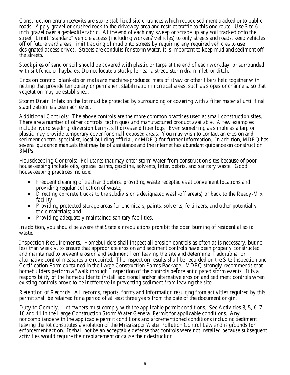 Registration Form for Residential Lot Coverage Under Mississippis Large Construction Storm Water General Permit - Mississippi, Page 3